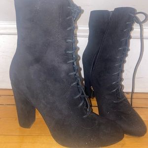 Black lace up heeled booties